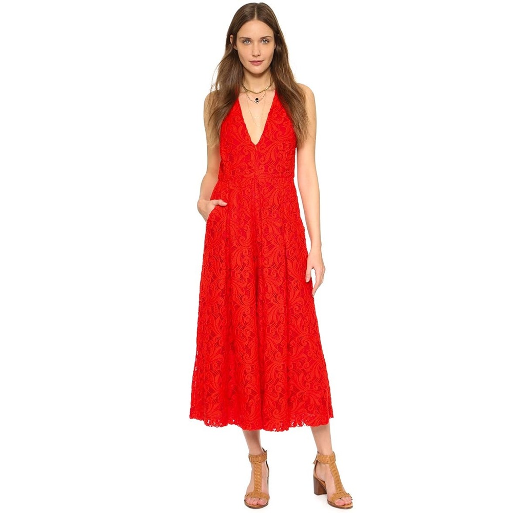 Rachel Comey Rhoads Jumpsuit Red Lace Size 2 Wide Leg Cropped Sleeveless V Neck